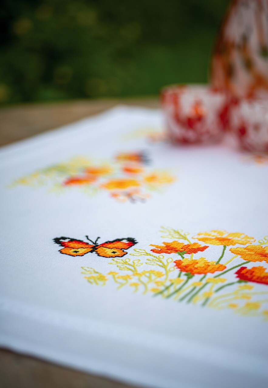Vervaco Stamped Tablecloth Cross Stitch Kit 32"X32"-Orange Flowers And Butterflies